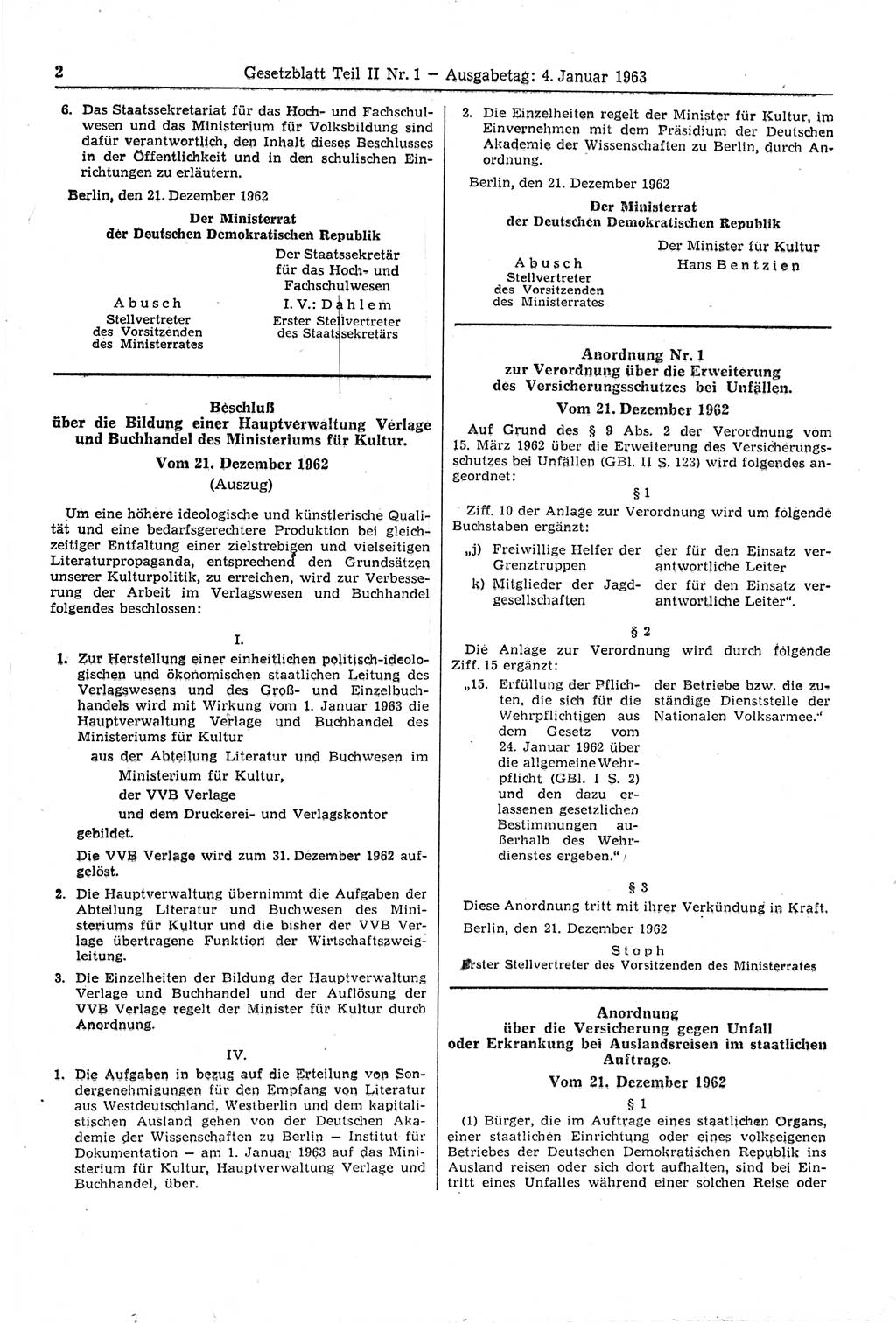 Gesetzblatt (GBl.) der Deutschen Demokratischen Republik (DDR) Teil ⅠⅠ 1963, Seite 2 (GBl. DDR ⅠⅠ 1963, S. 2)