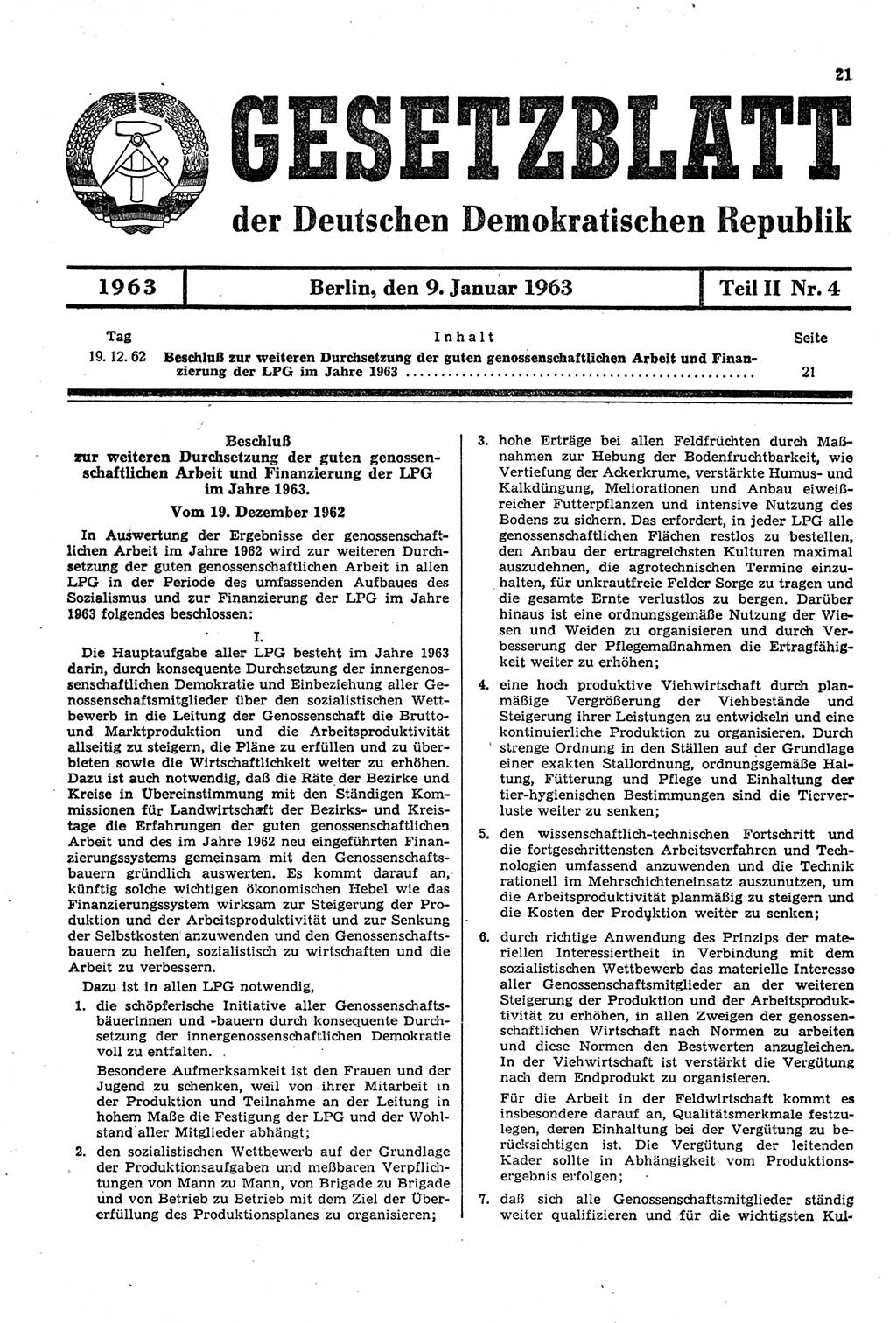 Gesetzblatt (GBl.) der Deutschen Demokratischen Republik (DDR) Teil ⅠⅠ 1963, Seite 21 (GBl. DDR ⅠⅠ 1963, S. 21)