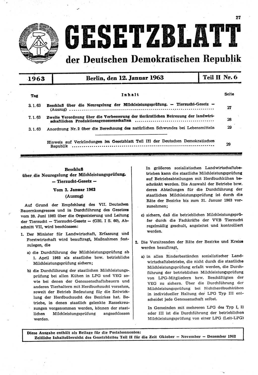 Gesetzblatt (GBl.) der Deutschen Demokratischen Republik (DDR) Teil ⅠⅠ 1963, Seite 27 (GBl. DDR ⅠⅠ 1963, S. 27)