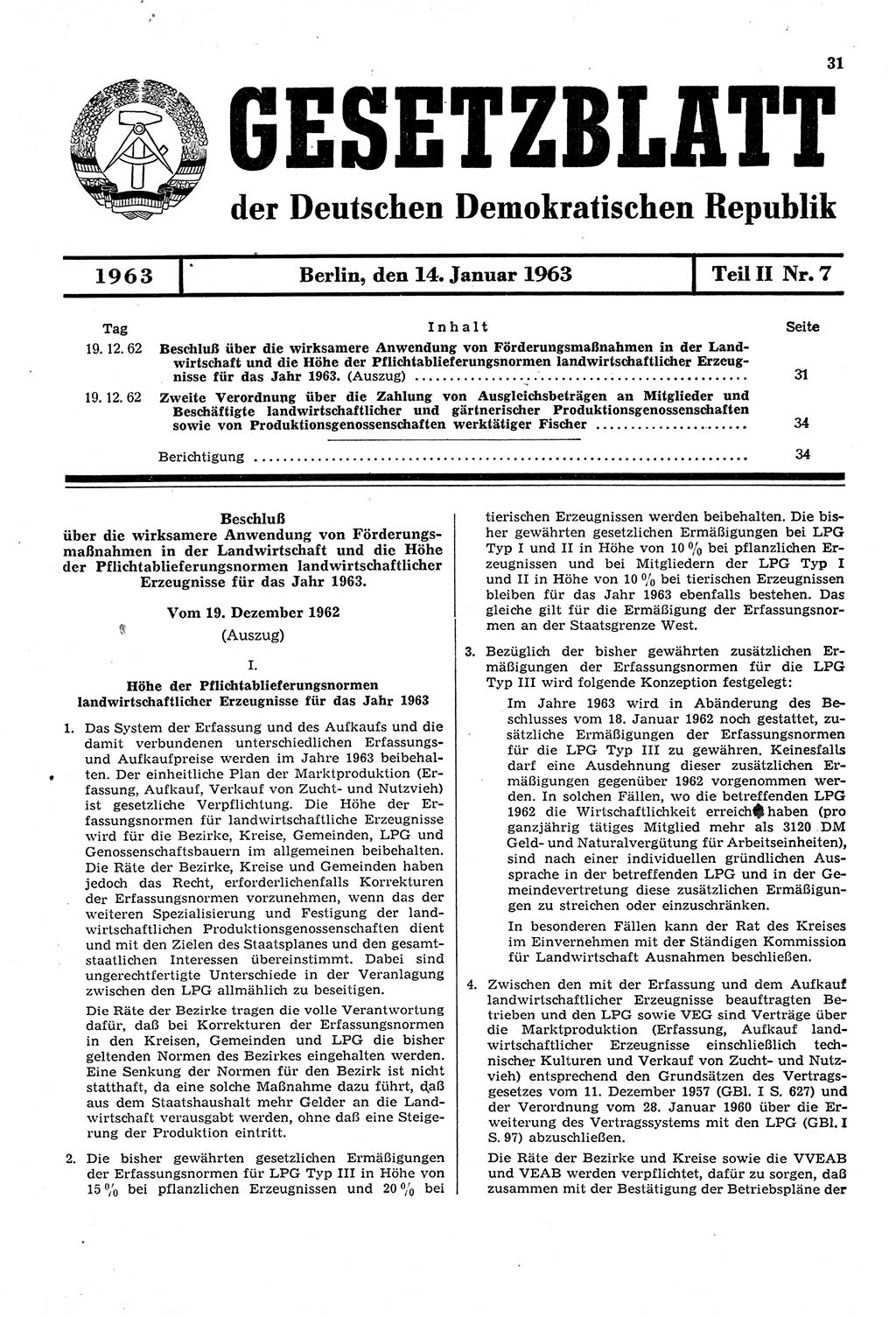 Gesetzblatt (GBl.) der Deutschen Demokratischen Republik (DDR) Teil ⅠⅠ 1963, Seite 31 (GBl. DDR ⅠⅠ 1963, S. 31)