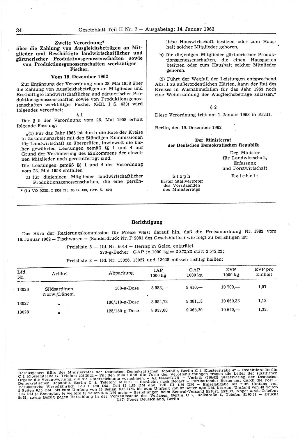 Gesetzblatt (GBl.) der Deutschen Demokratischen Republik (DDR) Teil ⅠⅠ 1963, Seite 34 (GBl. DDR ⅠⅠ 1963, S. 34)