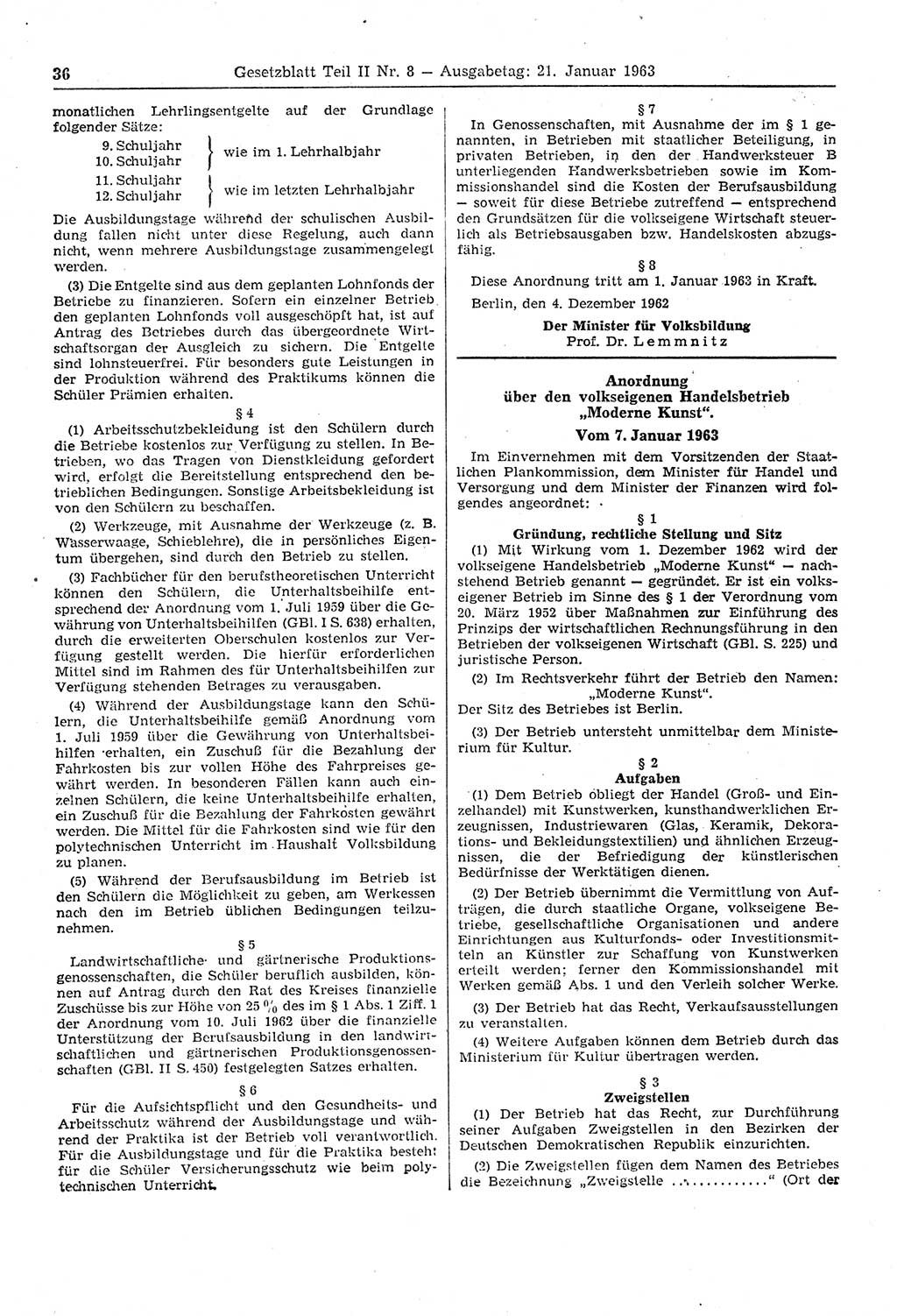 Gesetzblatt (GBl.) der Deutschen Demokratischen Republik (DDR) Teil ⅠⅠ 1963, Seite 36 (GBl. DDR ⅠⅠ 1963, S. 36)