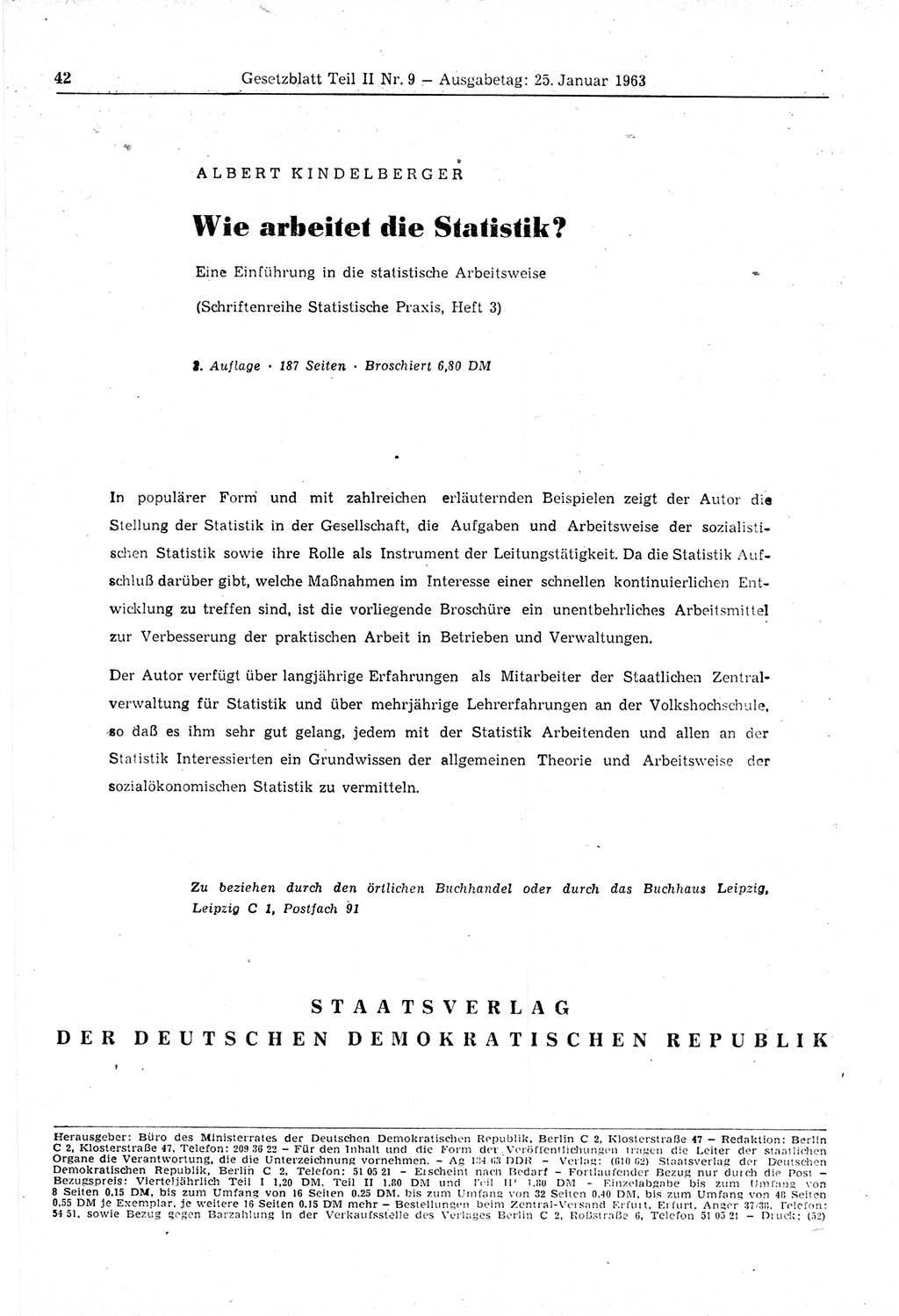 Gesetzblatt (GBl.) der Deutschen Demokratischen Republik (DDR) Teil ⅠⅠ 1963, Seite 42 (GBl. DDR ⅠⅠ 1963, S. 42)
