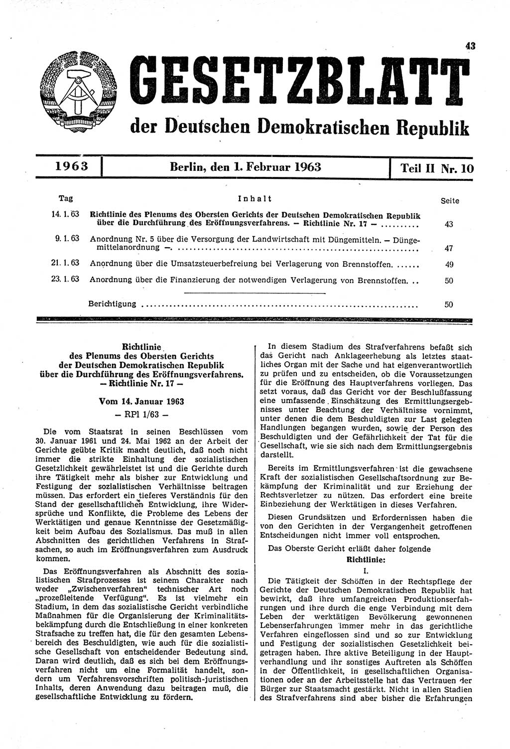 Gesetzblatt (GBl.) der Deutschen Demokratischen Republik (DDR) Teil ⅠⅠ 1963, Seite 43 (GBl. DDR ⅠⅠ 1963, S. 43)