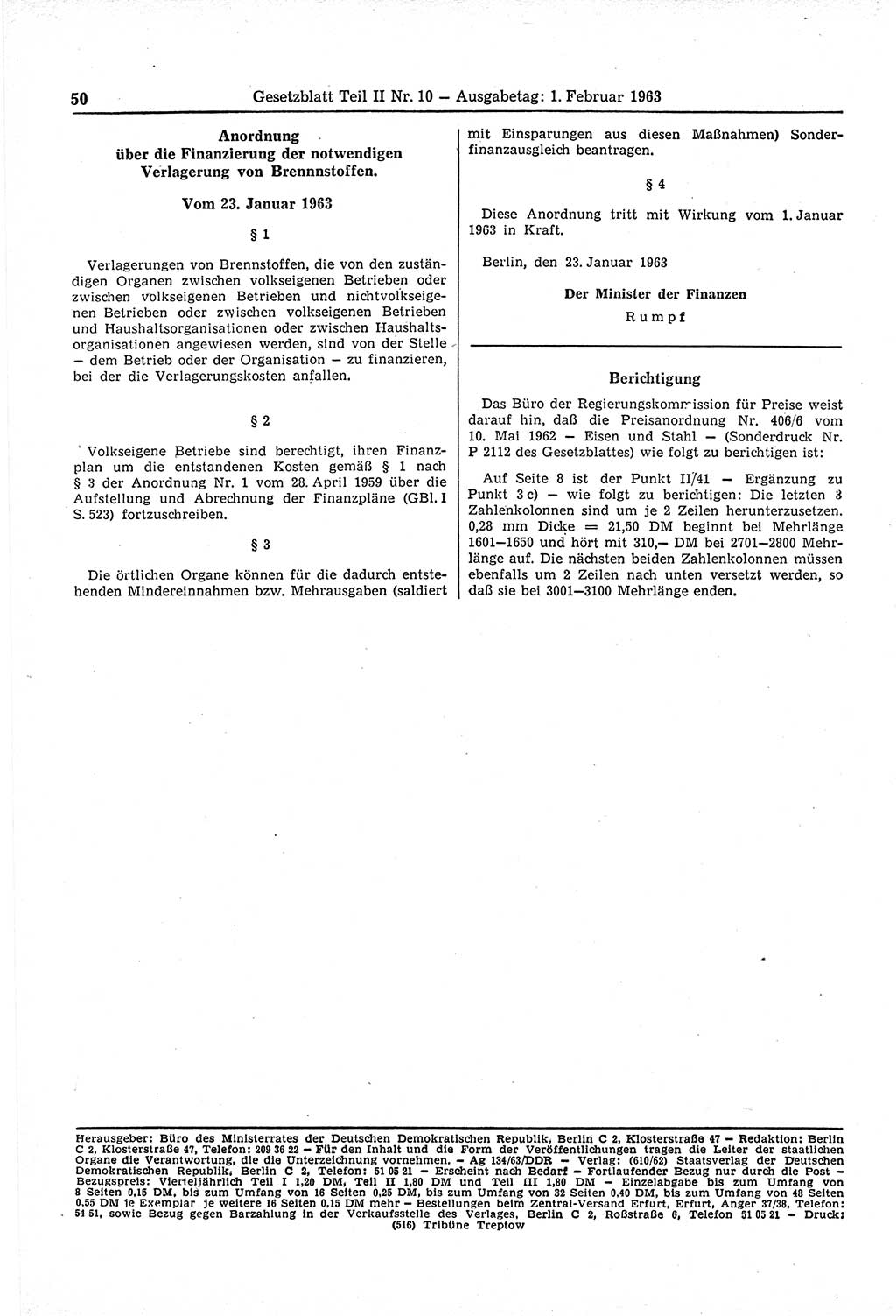 Gesetzblatt (GBl.) der Deutschen Demokratischen Republik (DDR) Teil ⅠⅠ 1963, Seite 50 (GBl. DDR ⅠⅠ 1963, S. 50)