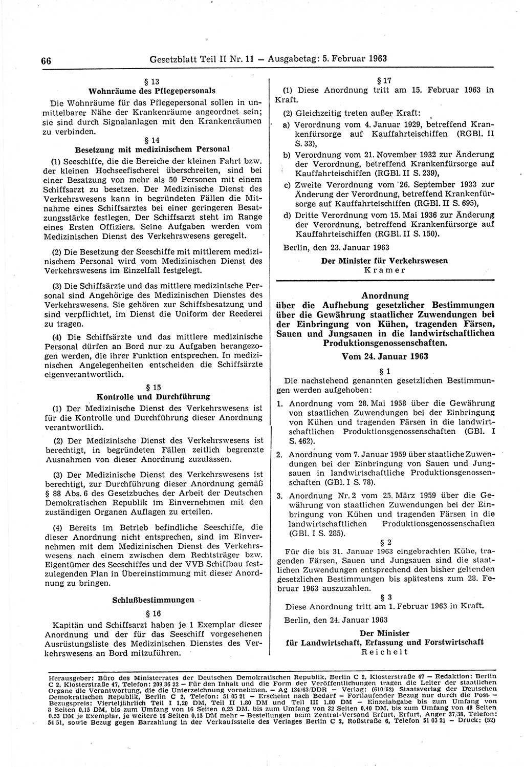 Gesetzblatt (GBl.) der Deutschen Demokratischen Republik (DDR) Teil ⅠⅠ 1963, Seite 66 (GBl. DDR ⅠⅠ 1963, S. 66)