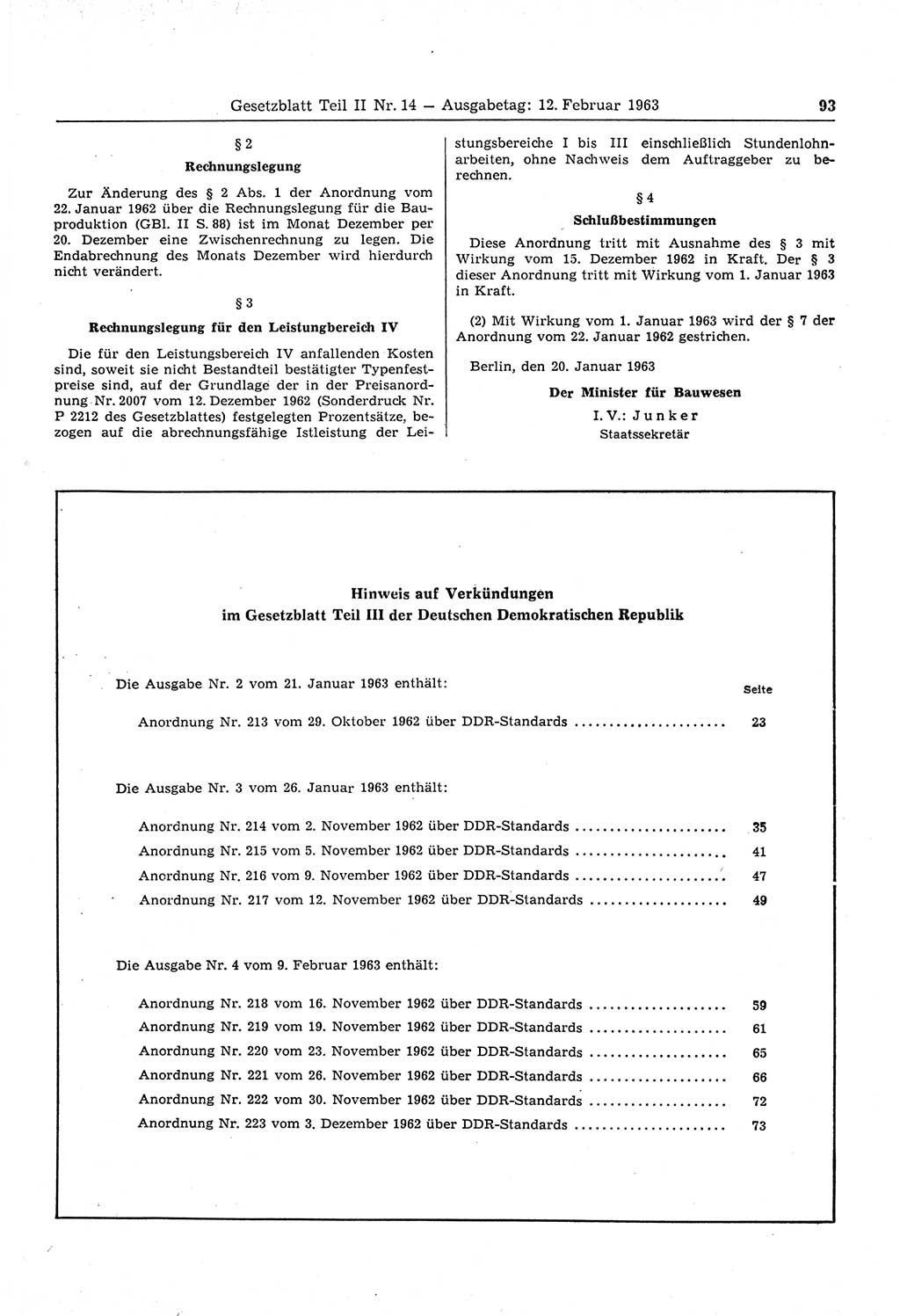 Gesetzblatt (GBl.) der Deutschen Demokratischen Republik (DDR) Teil ⅠⅠ 1963, Seite 93 (GBl. DDR ⅠⅠ 1963, S. 93)