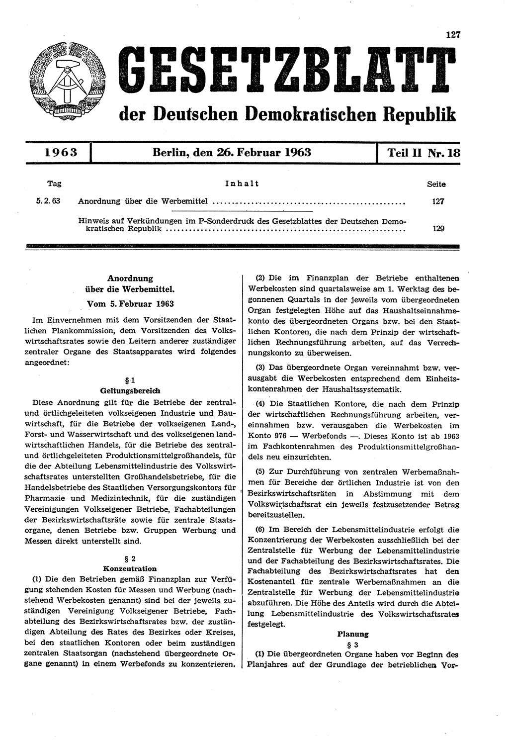 Gesetzblatt (GBl.) der Deutschen Demokratischen Republik (DDR) Teil ⅠⅠ 1963, Seite 127 (GBl. DDR ⅠⅠ 1963, S. 127)