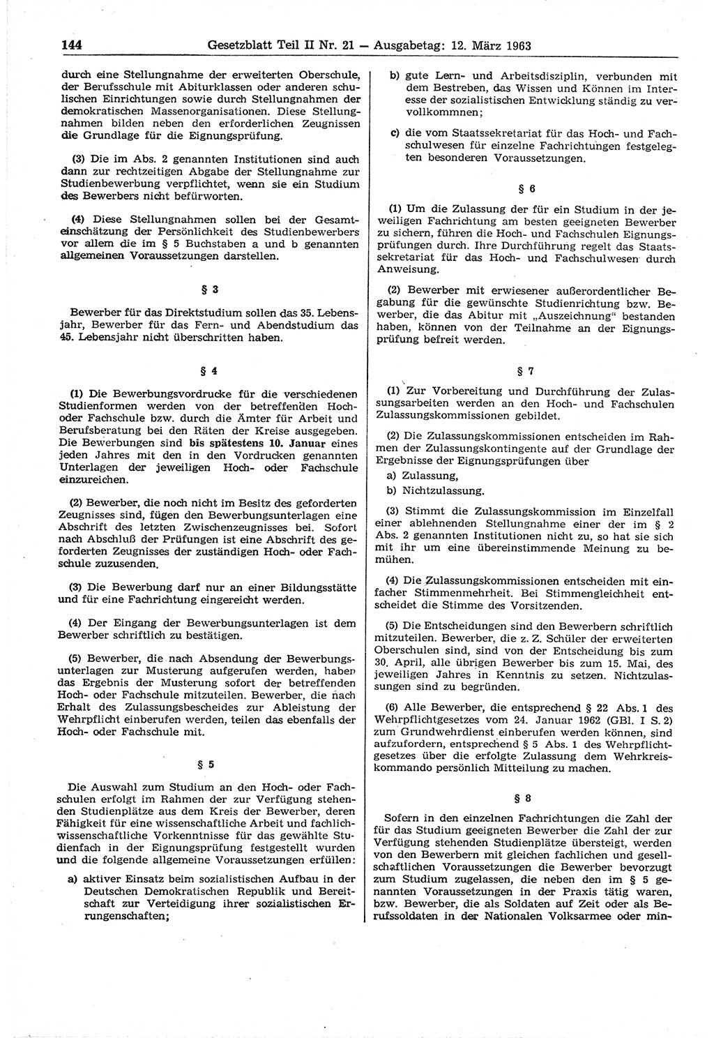 Gesetzblatt (GBl.) der Deutschen Demokratischen Republik (DDR) Teil ⅠⅠ 1963, Seite 144 (GBl. DDR ⅠⅠ 1963, S. 144)