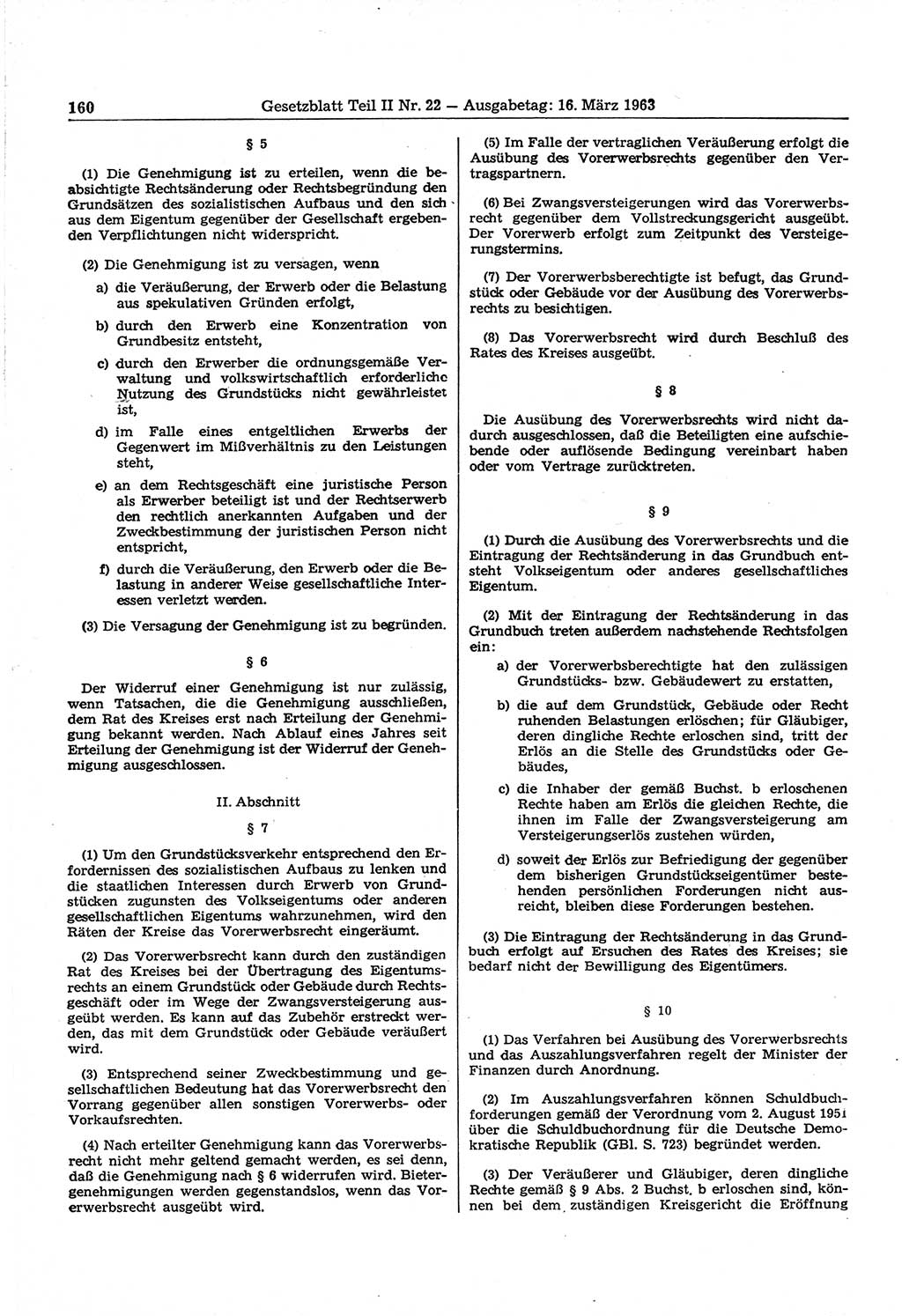 Gesetzblatt (GBl.) der Deutschen Demokratischen Republik (DDR) Teil ⅠⅠ 1963, Seite 160 (GBl. DDR ⅠⅠ 1963, S. 160)