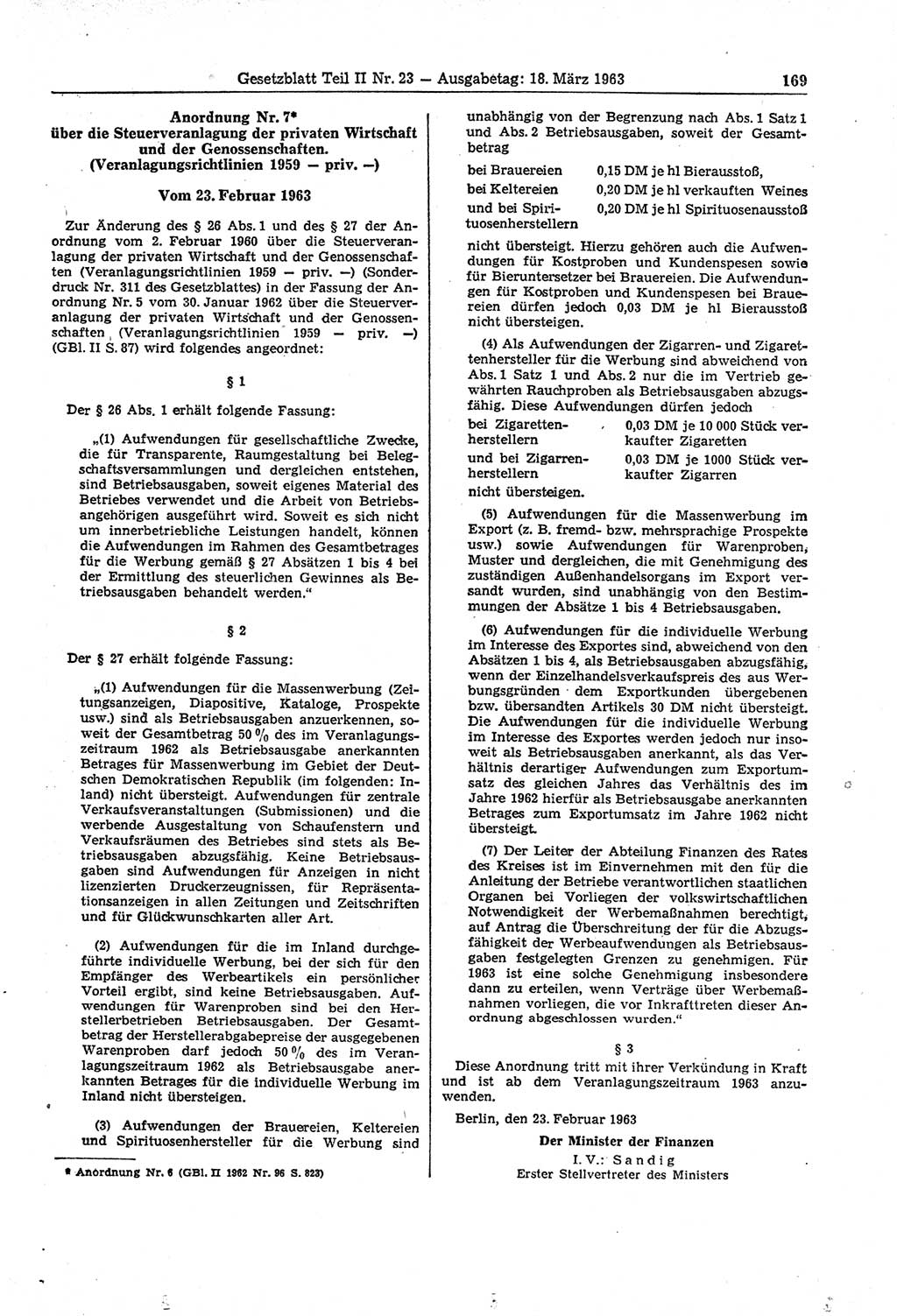 Gesetzblatt (GBl.) der Deutschen Demokratischen Republik (DDR) Teil ⅠⅠ 1963, Seite 169 (GBl. DDR ⅠⅠ 1963, S. 169)