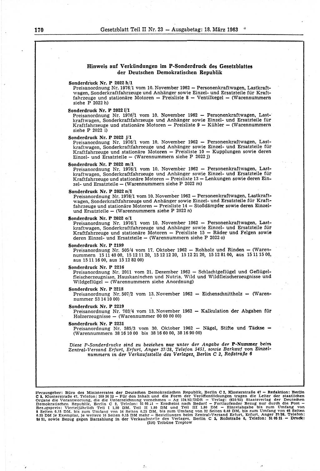 Gesetzblatt (GBl.) der Deutschen Demokratischen Republik (DDR) Teil ⅠⅠ 1963, Seite 170 (GBl. DDR ⅠⅠ 1963, S. 170)
