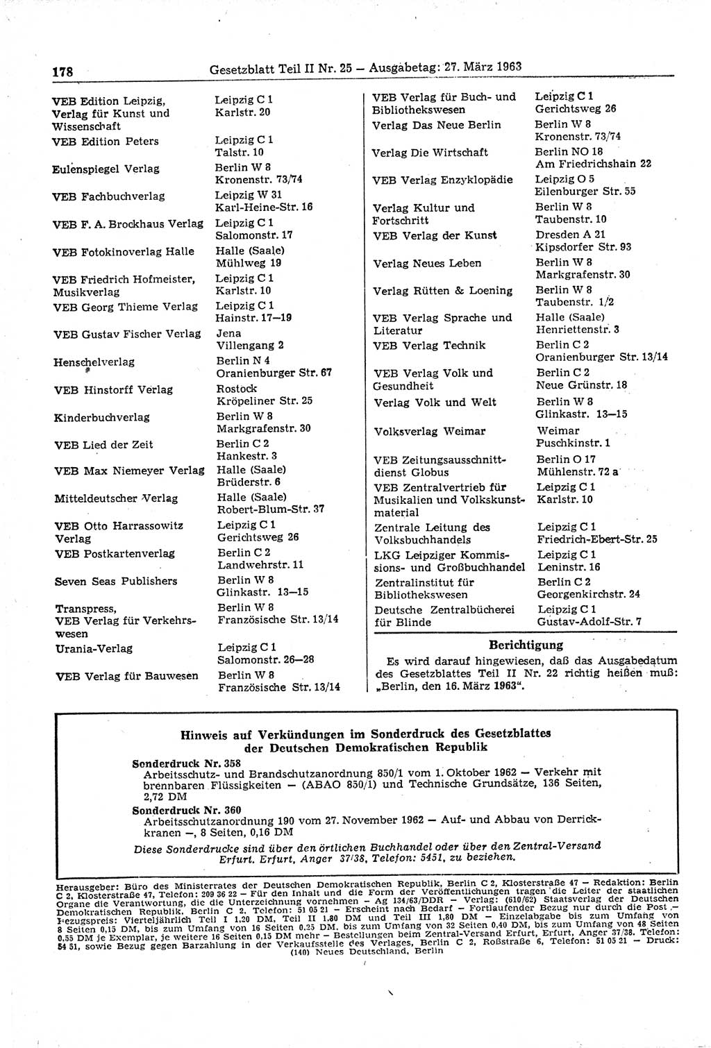 Gesetzblatt (GBl.) der Deutschen Demokratischen Republik (DDR) Teil ⅠⅠ 1963, Seite 178 (GBl. DDR ⅠⅠ 1963, S. 178)