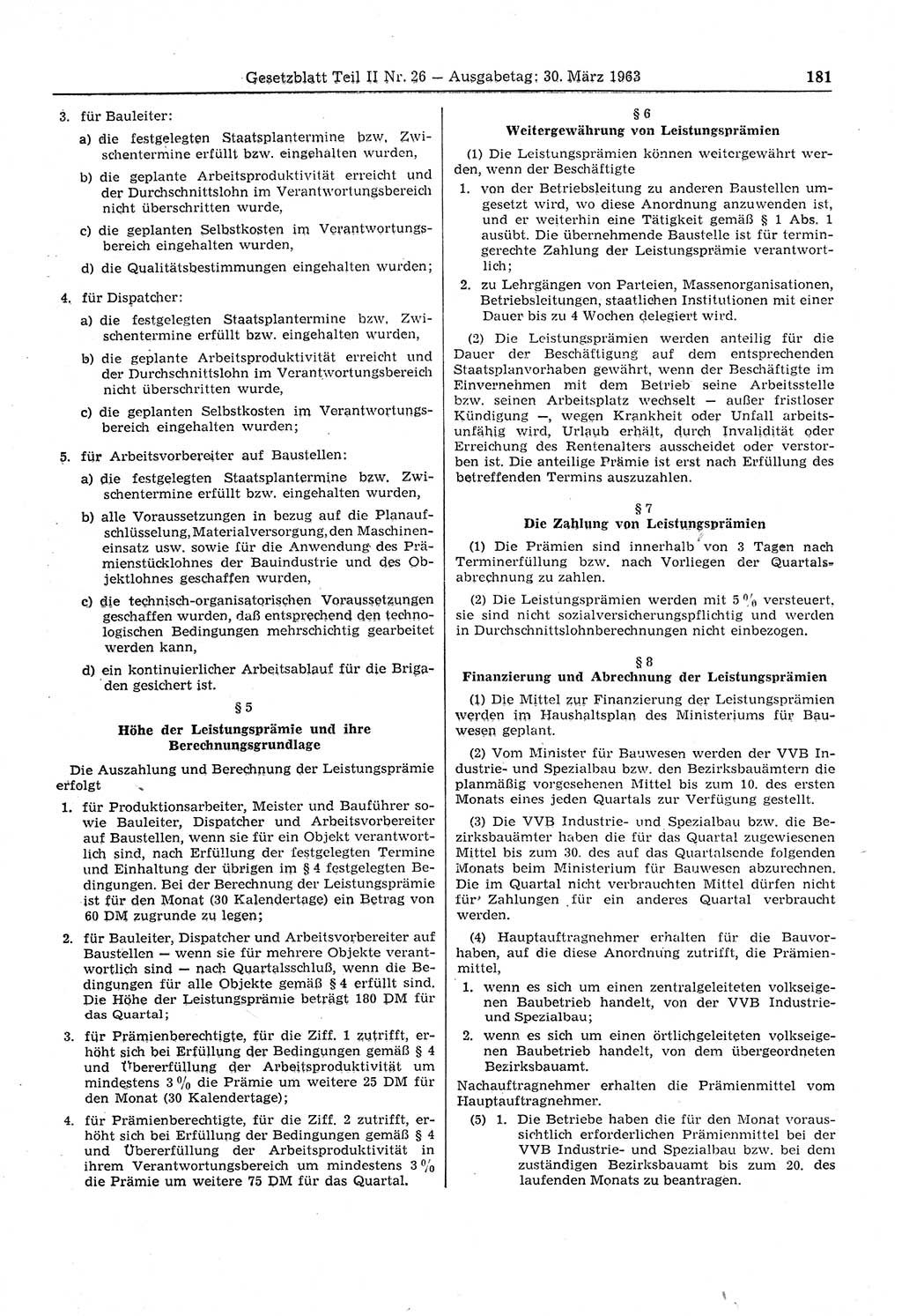 Gesetzblatt (GBl.) der Deutschen Demokratischen Republik (DDR) Teil ⅠⅠ 1963, Seite 181 (GBl. DDR ⅠⅠ 1963, S. 181)