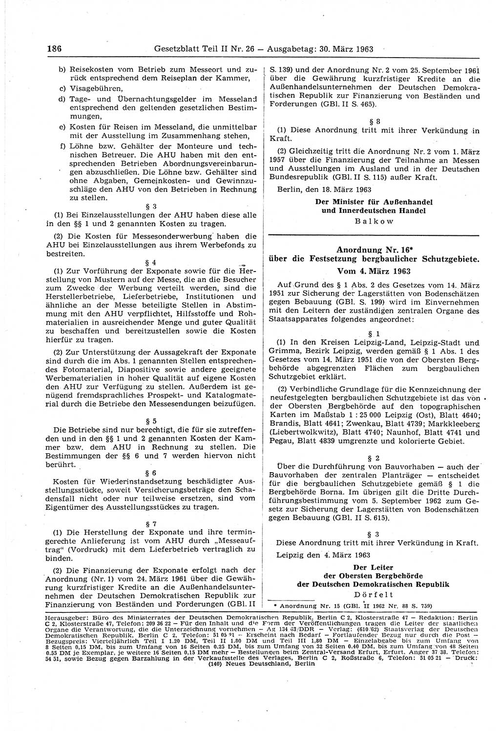 Gesetzblatt (GBl.) der Deutschen Demokratischen Republik (DDR) Teil ⅠⅠ 1963, Seite 186 (GBl. DDR ⅠⅠ 1963, S. 186)