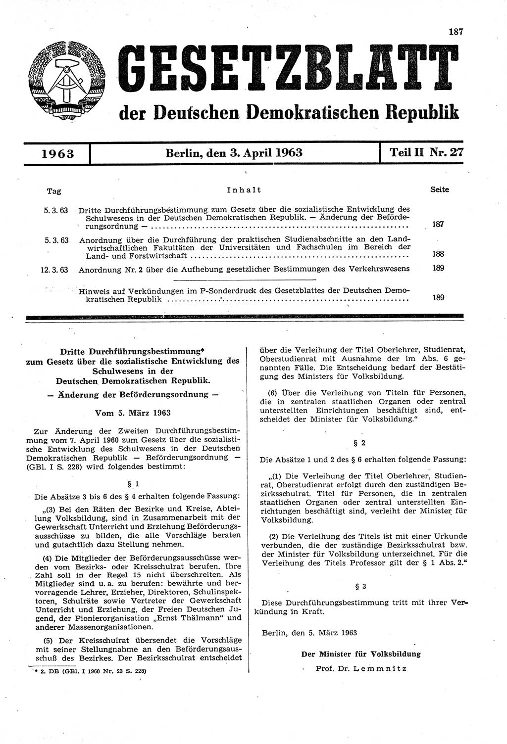 Gesetzblatt (GBl.) der Deutschen Demokratischen Republik (DDR) Teil ⅠⅠ 1963, Seite 187 (GBl. DDR ⅠⅠ 1963, S. 187)