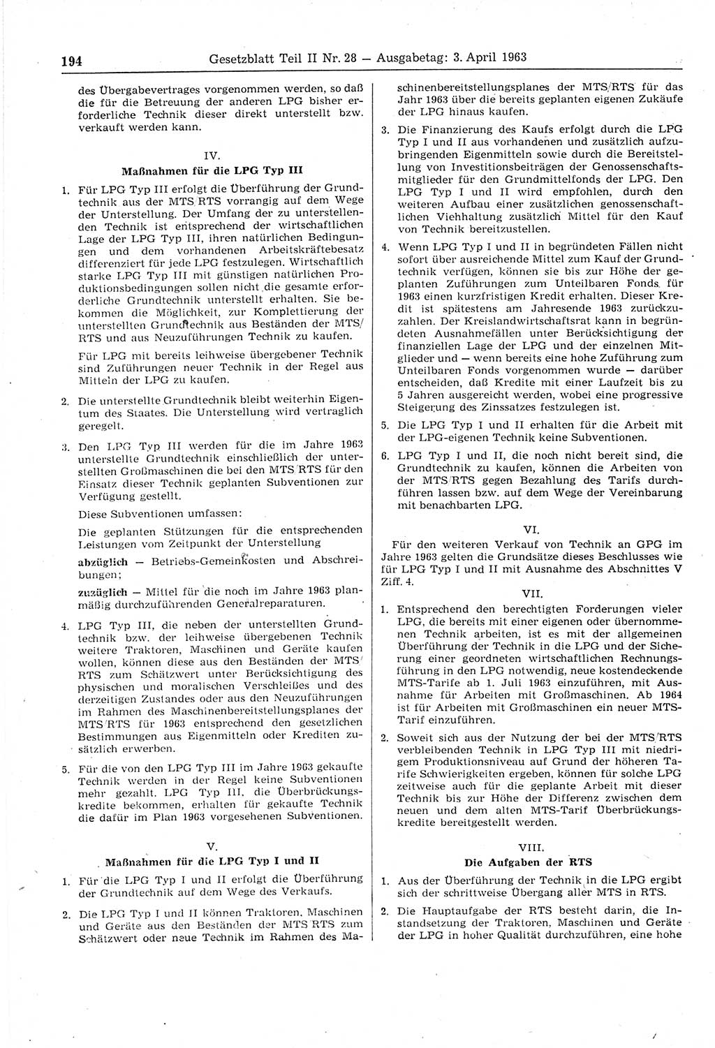 Gesetzblatt (GBl.) der Deutschen Demokratischen Republik (DDR) Teil ⅠⅠ 1963, Seite 194 (GBl. DDR ⅠⅠ 1963, S. 194)