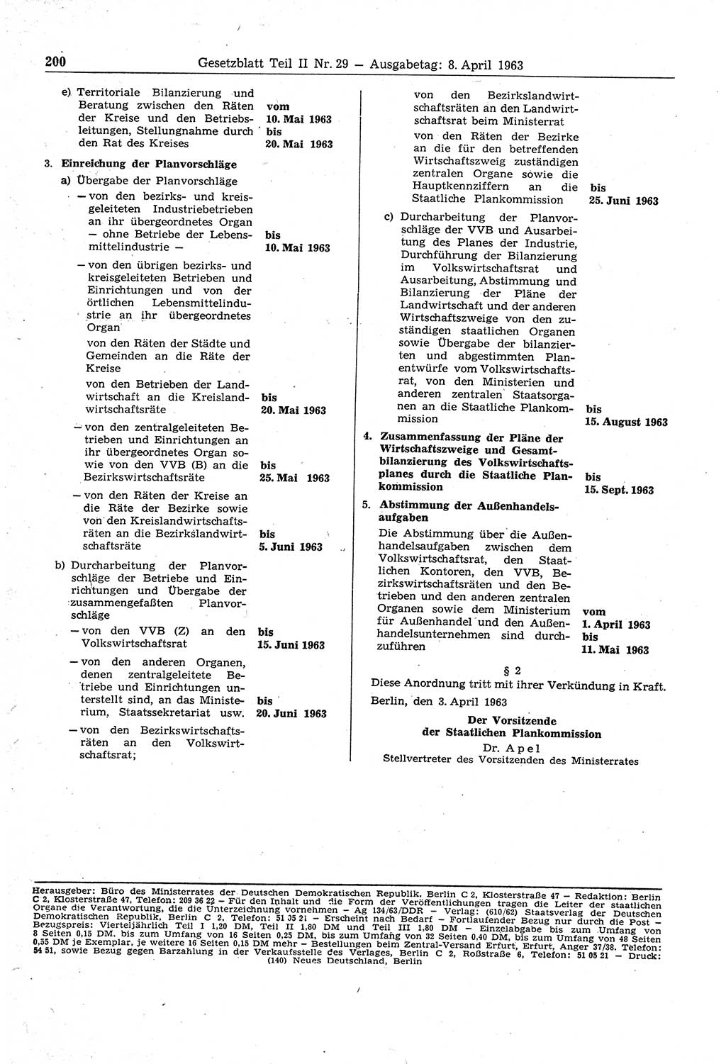 Gesetzblatt (GBl.) der Deutschen Demokratischen Republik (DDR) Teil ⅠⅠ 1963, Seite 200 (GBl. DDR ⅠⅠ 1963, S. 200)