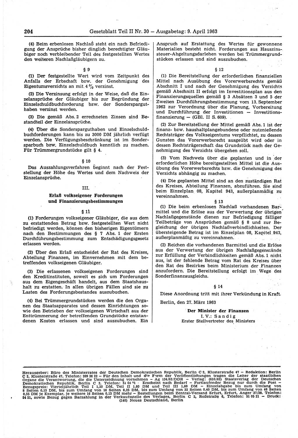 Gesetzblatt (GBl.) der Deutschen Demokratischen Republik (DDR) Teil ⅠⅠ 1963, Seite 204 (GBl. DDR ⅠⅠ 1963, S. 204)
