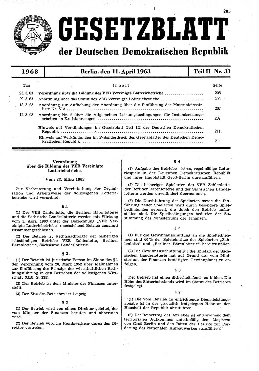 Gesetzblatt (GBl.) der Deutschen Demokratischen Republik (DDR) Teil ⅠⅠ 1963, Seite 205 (GBl. DDR ⅠⅠ 1963, S. 205)