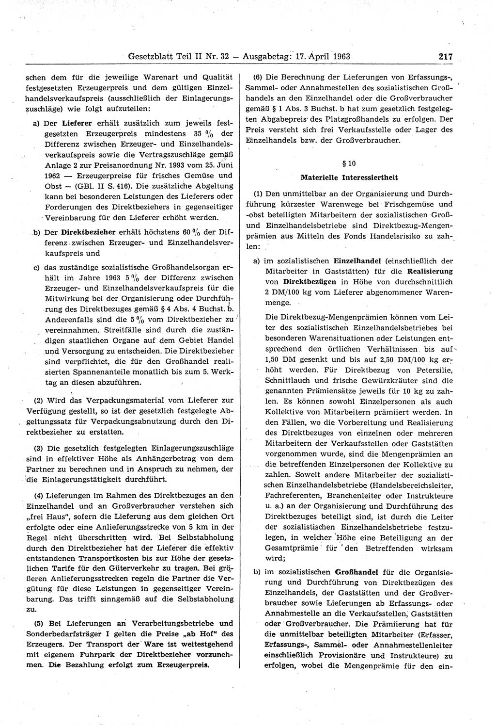 Gesetzblatt (GBl.) der Deutschen Demokratischen Republik (DDR) Teil ⅠⅠ 1963, Seite 217 (GBl. DDR ⅠⅠ 1963, S. 217)