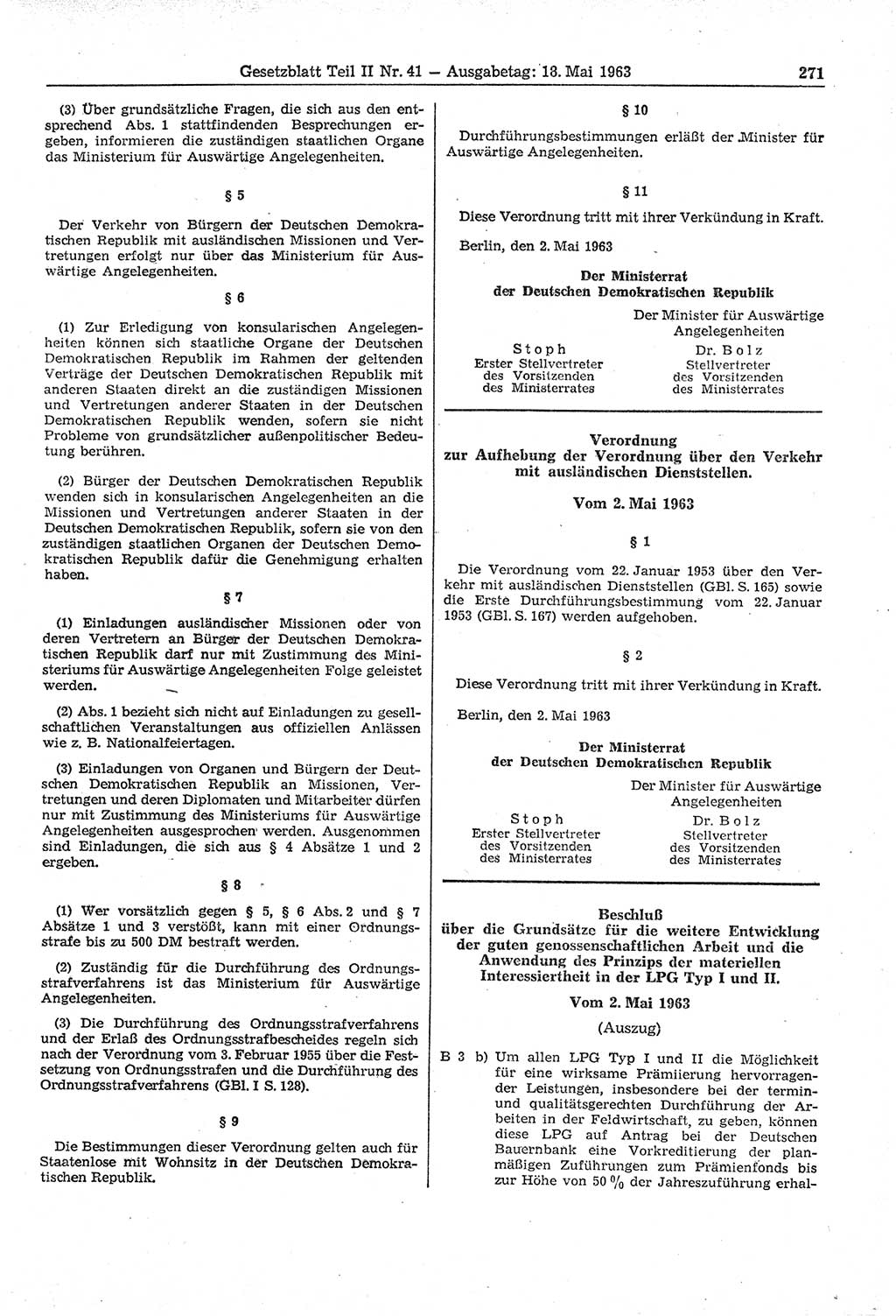 Gesetzblatt (GBl.) der Deutschen Demokratischen Republik (DDR) Teil ⅠⅠ 1963, Seite 271 (GBl. DDR ⅠⅠ 1963, S. 271)