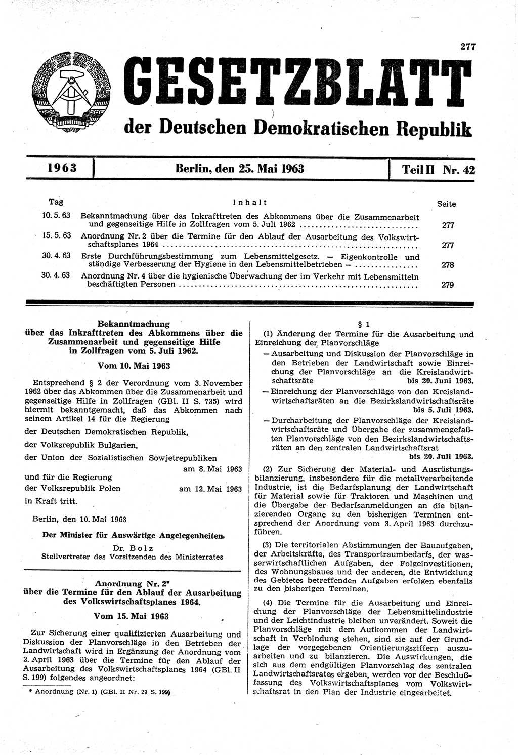 Gesetzblatt (GBl.) der Deutschen Demokratischen Republik (DDR) Teil ⅠⅠ 1963, Seite 277 (GBl. DDR ⅠⅠ 1963, S. 277)