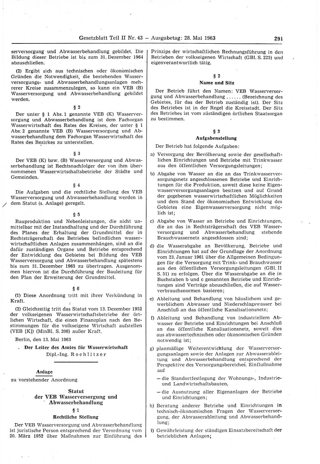 Gesetzblatt (GBl.) der Deutschen Demokratischen Republik (DDR) Teil ⅠⅠ 1963, Seite 291 (GBl. DDR ⅠⅠ 1963, S. 291)