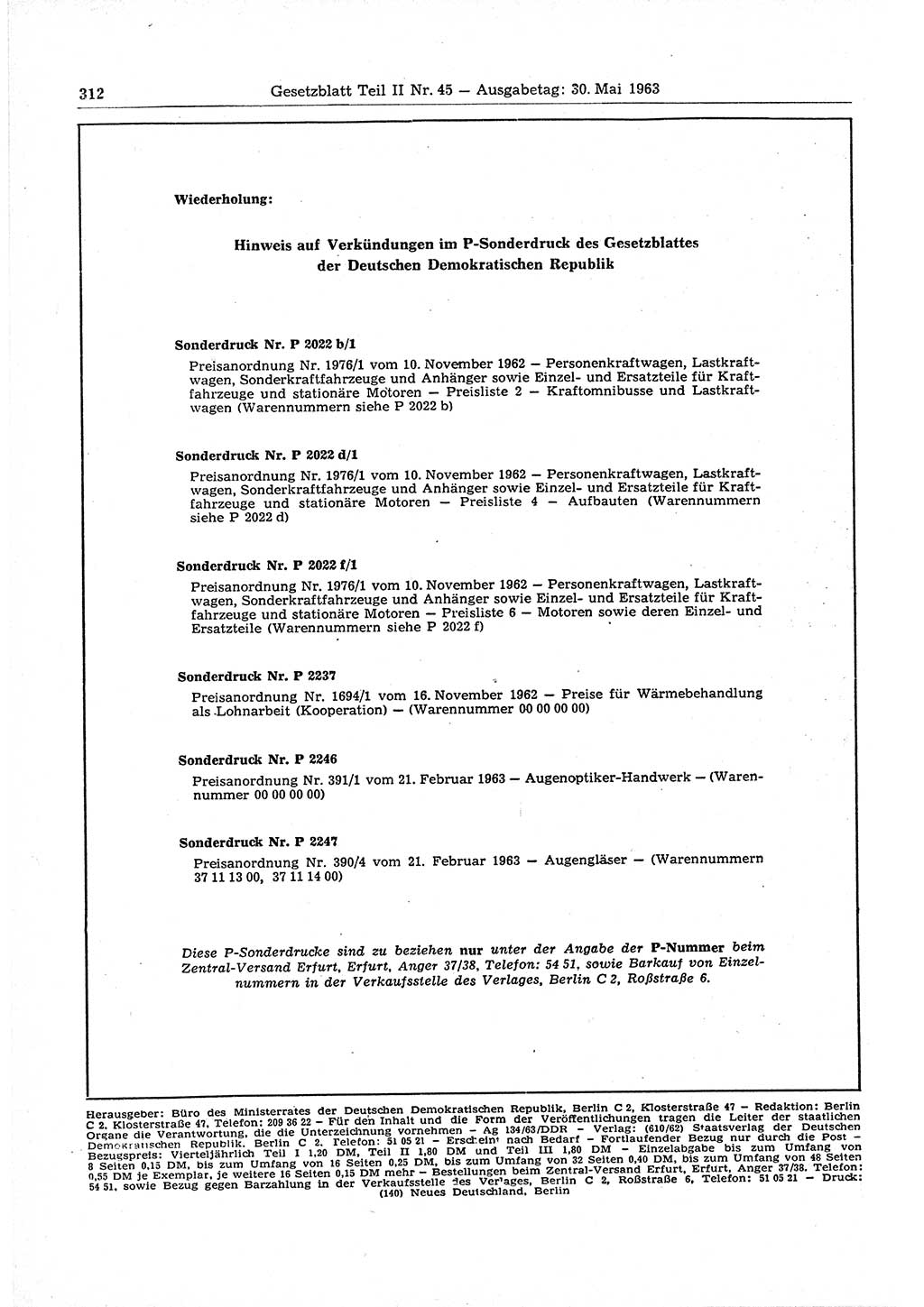 Gesetzblatt (GBl.) der Deutschen Demokratischen Republik (DDR) Teil ⅠⅠ 1963, Seite 312 (GBl. DDR ⅠⅠ 1963, S. 312)