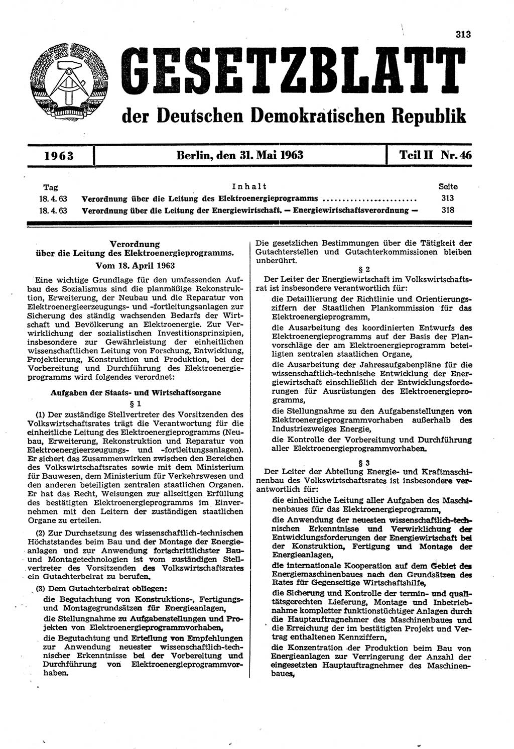 Gesetzblatt (GBl.) der Deutschen Demokratischen Republik (DDR) Teil ⅠⅠ 1963, Seite 313 (GBl. DDR ⅠⅠ 1963, S. 313)