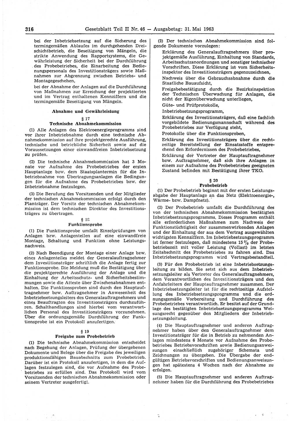 Gesetzblatt (GBl.) der Deutschen Demokratischen Republik (DDR) Teil ⅠⅠ 1963, Seite 316 (GBl. DDR ⅠⅠ 1963, S. 316)