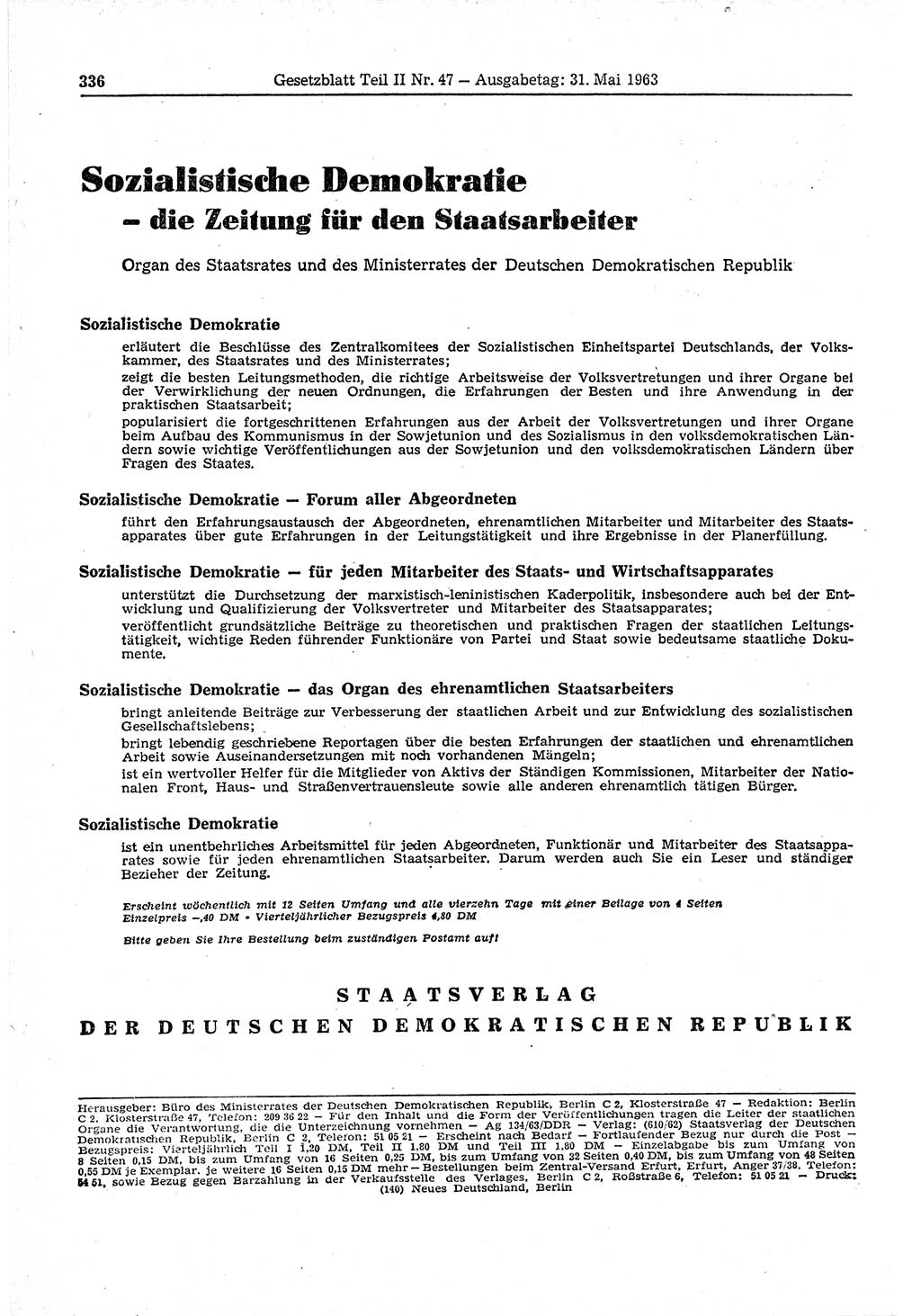 Gesetzblatt (GBl.) der Deutschen Demokratischen Republik (DDR) Teil ⅠⅠ 1963, Seite 336 (GBl. DDR ⅠⅠ 1963, S. 336)