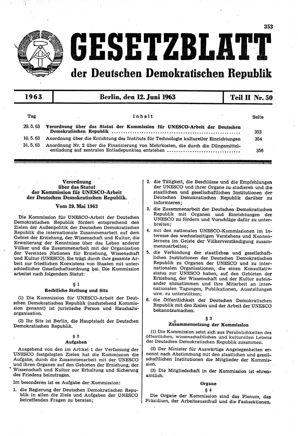 Gesetzblatt (GBl.) der Deutschen Demokratischen Republik (DDR) Teil ⅠⅠ 1963, Seite 353 (GBl. DDR ⅠⅠ 1963, S. 353)