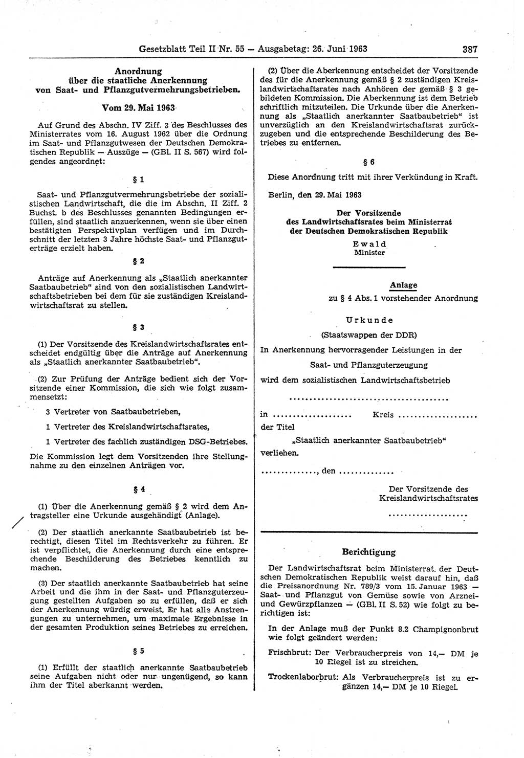 Gesetzblatt (GBl.) der Deutschen Demokratischen Republik (DDR) Teil ⅠⅠ 1963, Seite 387 (GBl. DDR ⅠⅠ 1963, S. 387)