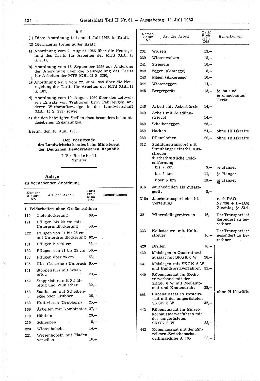 Gesetzblatt (GBl.) der Deutschen Demokratischen Republik (DDR) Teil ⅠⅠ 1963, Seite 424 (GBl. DDR ⅠⅠ 1963, S. 424)