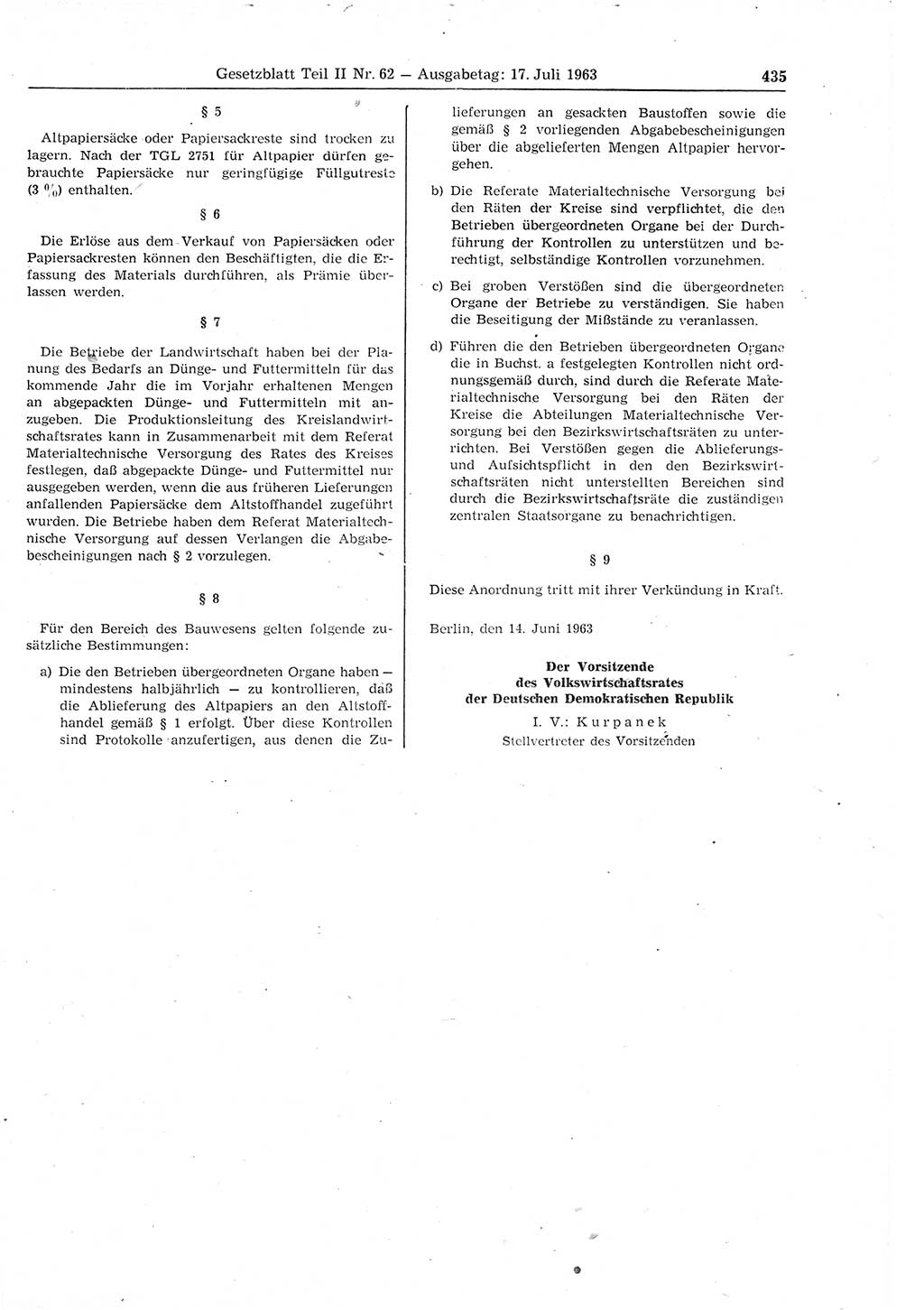 Gesetzblatt (GBl.) der Deutschen Demokratischen Republik (DDR) Teil ⅠⅠ 1963, Seite 435 (GBl. DDR ⅠⅠ 1963, S. 435)