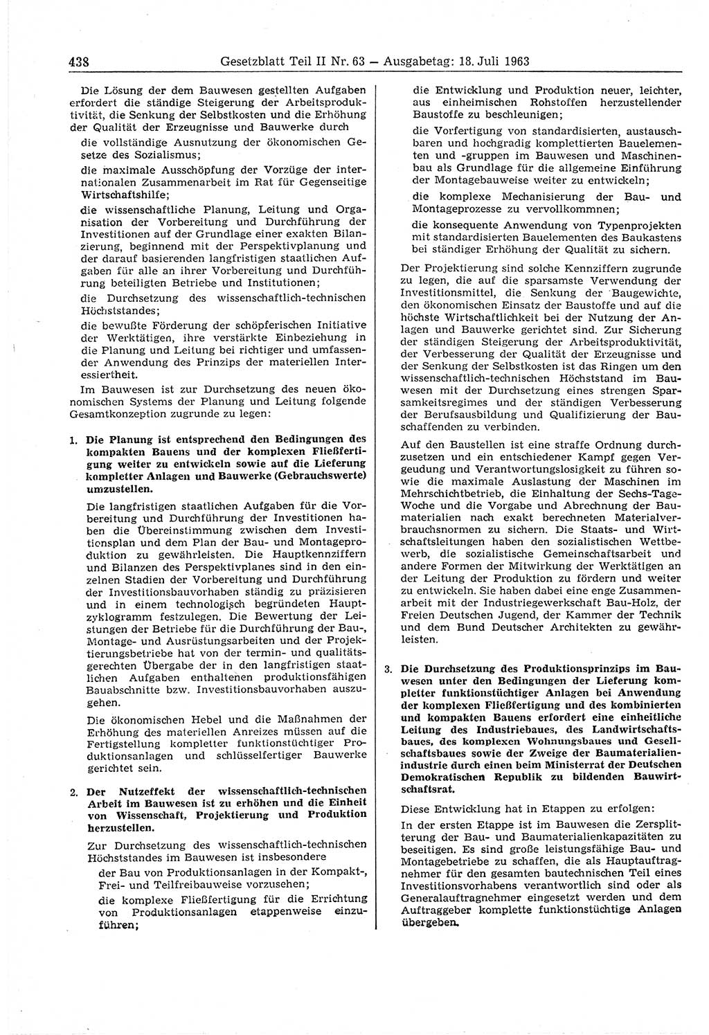 Gesetzblatt (GBl.) der Deutschen Demokratischen Republik (DDR) Teil ⅠⅠ 1963, Seite 438 (GBl. DDR ⅠⅠ 1963, S. 438)