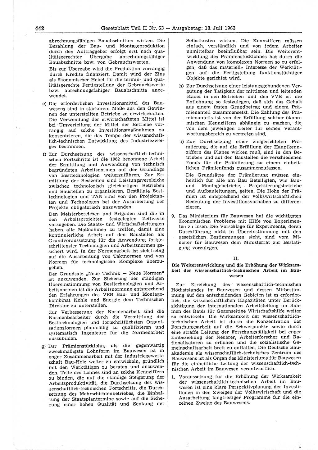 Gesetzblatt (GBl.) der Deutschen Demokratischen Republik (DDR) Teil ⅠⅠ 1963, Seite 442 (GBl. DDR ⅠⅠ 1963, S. 442)