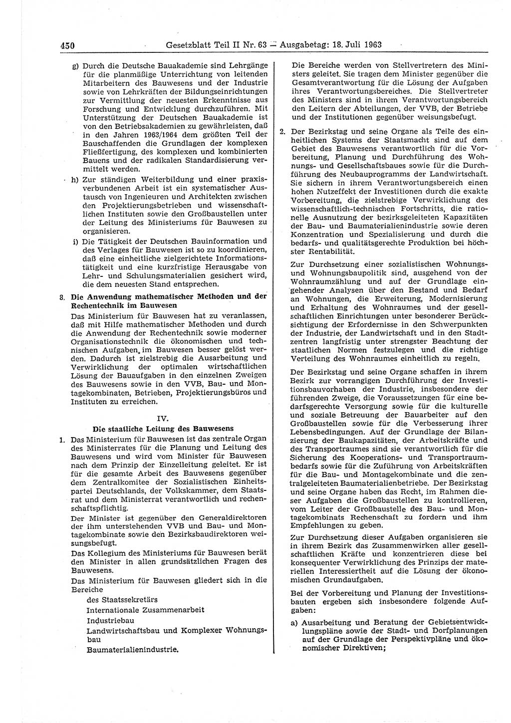 Gesetzblatt (GBl.) der Deutschen Demokratischen Republik (DDR) Teil ⅠⅠ 1963, Seite 450 (GBl. DDR ⅠⅠ 1963, S. 450)