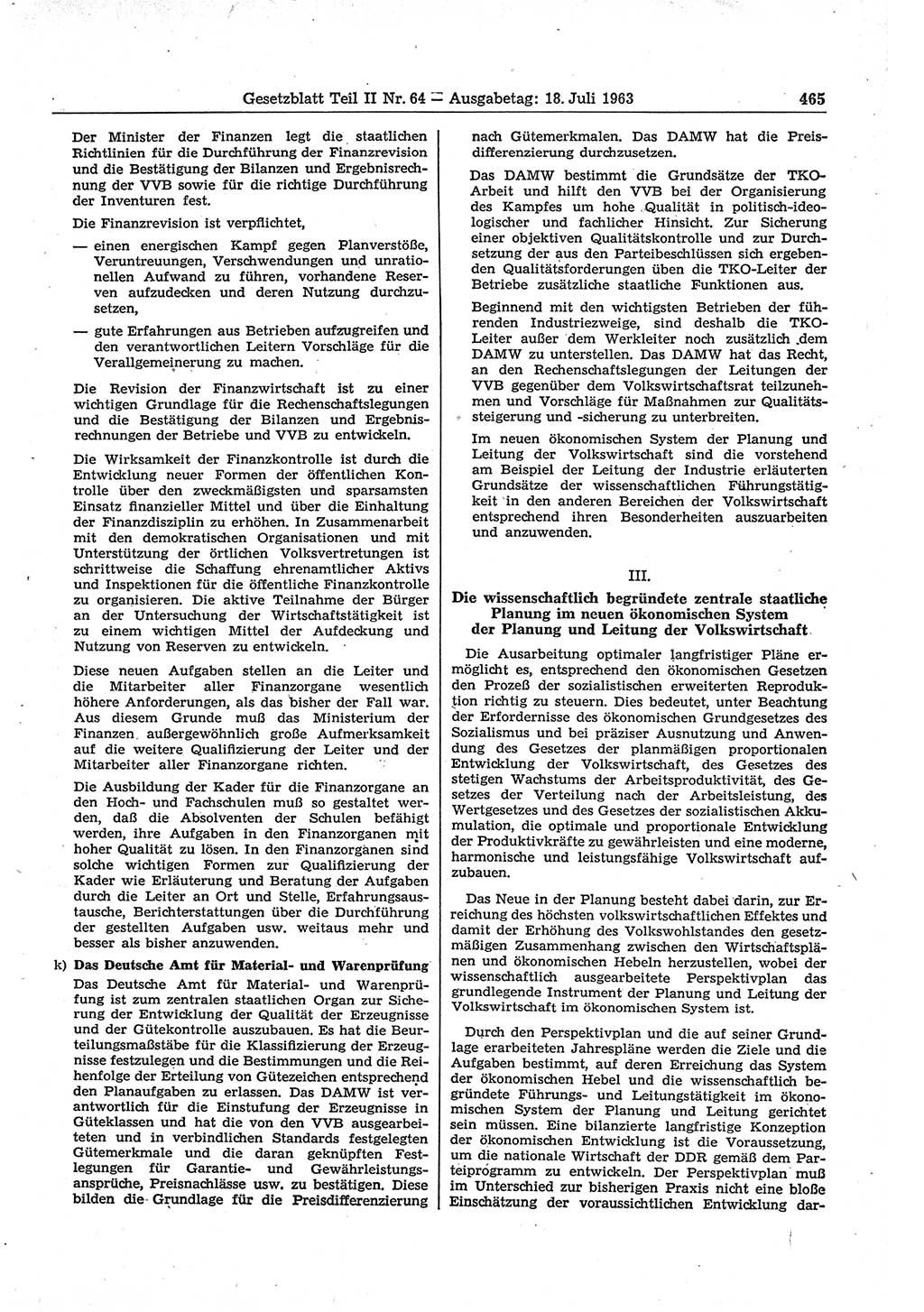 Gesetzblatt (GBl.) der Deutschen Demokratischen Republik (DDR) Teil ⅠⅠ 1963, Seite 465 (GBl. DDR ⅠⅠ 1963, S. 465)