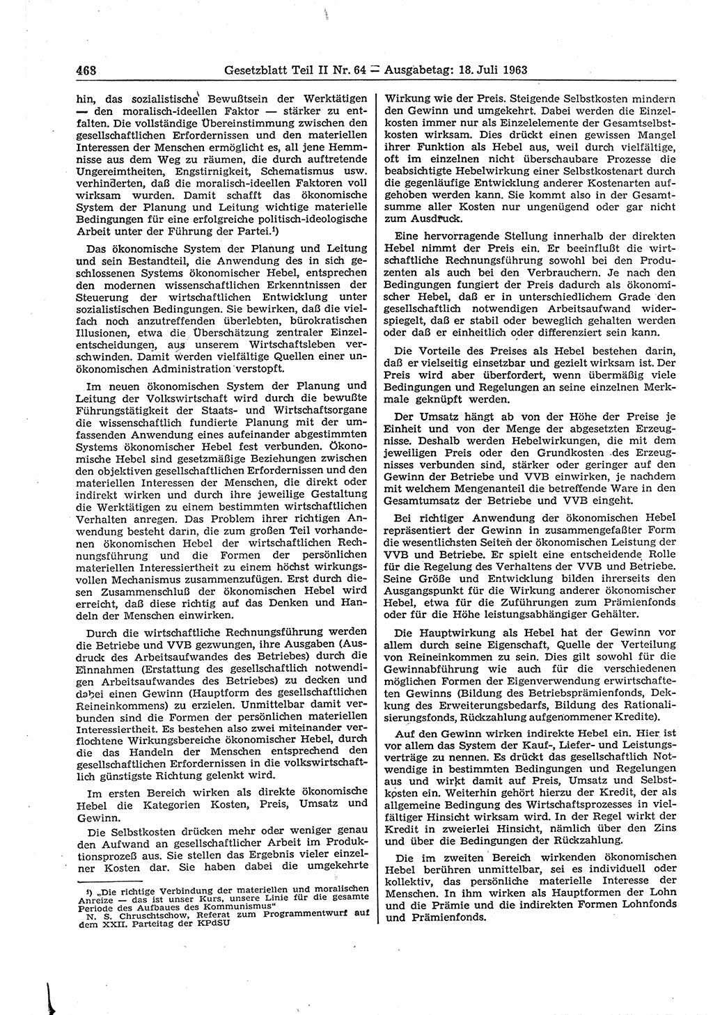 Gesetzblatt (GBl.) der Deutschen Demokratischen Republik (DDR) Teil ⅠⅠ 1963, Seite 468 (GBl. DDR ⅠⅠ 1963, S. 468)