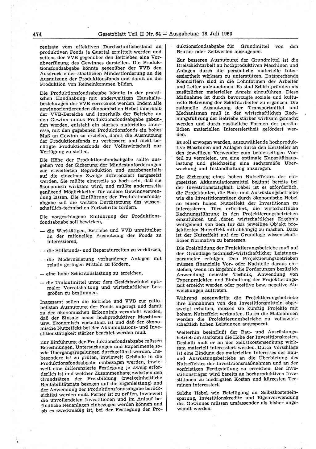 Gesetzblatt (GBl.) der Deutschen Demokratischen Republik (DDR) Teil ⅠⅠ 1963, Seite 474 (GBl. DDR ⅠⅠ 1963, S. 474)