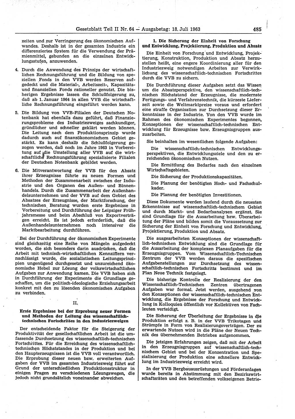 Gesetzblatt (GBl.) der Deutschen Demokratischen Republik (DDR) Teil ⅠⅠ 1963, Seite 485 (GBl. DDR ⅠⅠ 1963, S. 485)