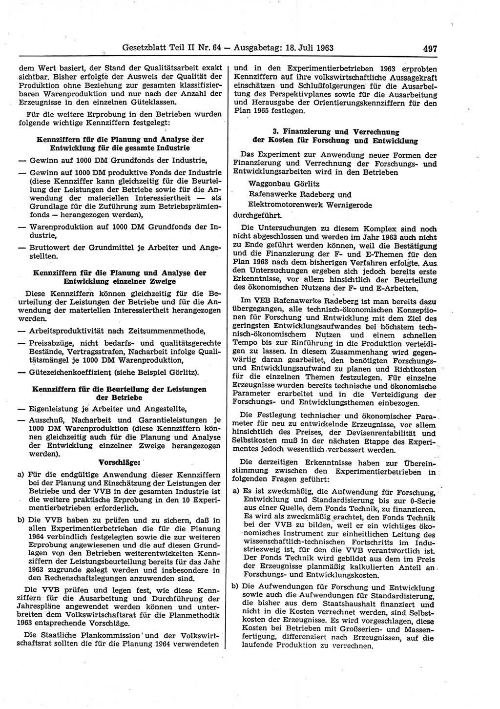 Gesetzblatt (GBl.) der Deutschen Demokratischen Republik (DDR) Teil ⅠⅠ 1963, Seite 497 (GBl. DDR ⅠⅠ 1963, S. 497)
