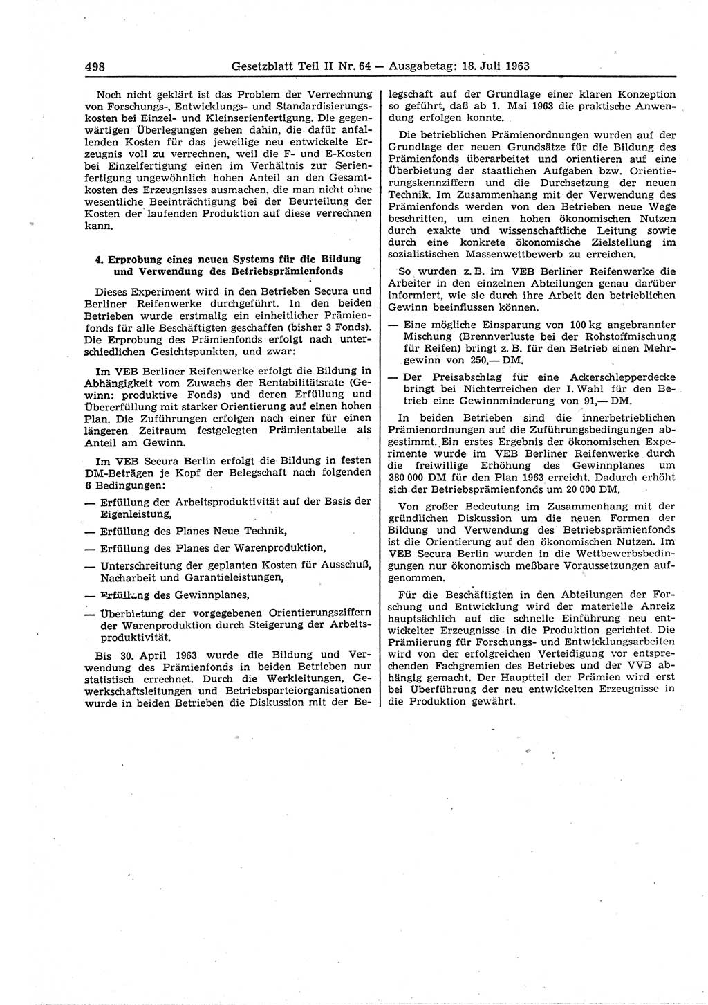 Gesetzblatt (GBl.) der Deutschen Demokratischen Republik (DDR) Teil ⅠⅠ 1963, Seite 498 (GBl. DDR ⅠⅠ 1963, S. 498)