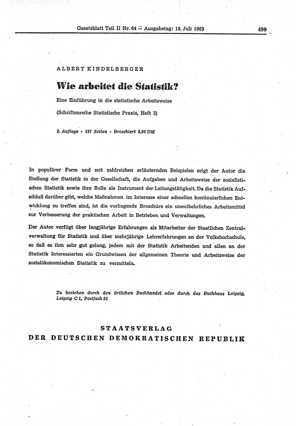 Gesetzblatt (GBl.) der Deutschen Demokratischen Republik (DDR) Teil ⅠⅠ 1963, Seite 499 (GBl. DDR ⅠⅠ 1963, S. 499)