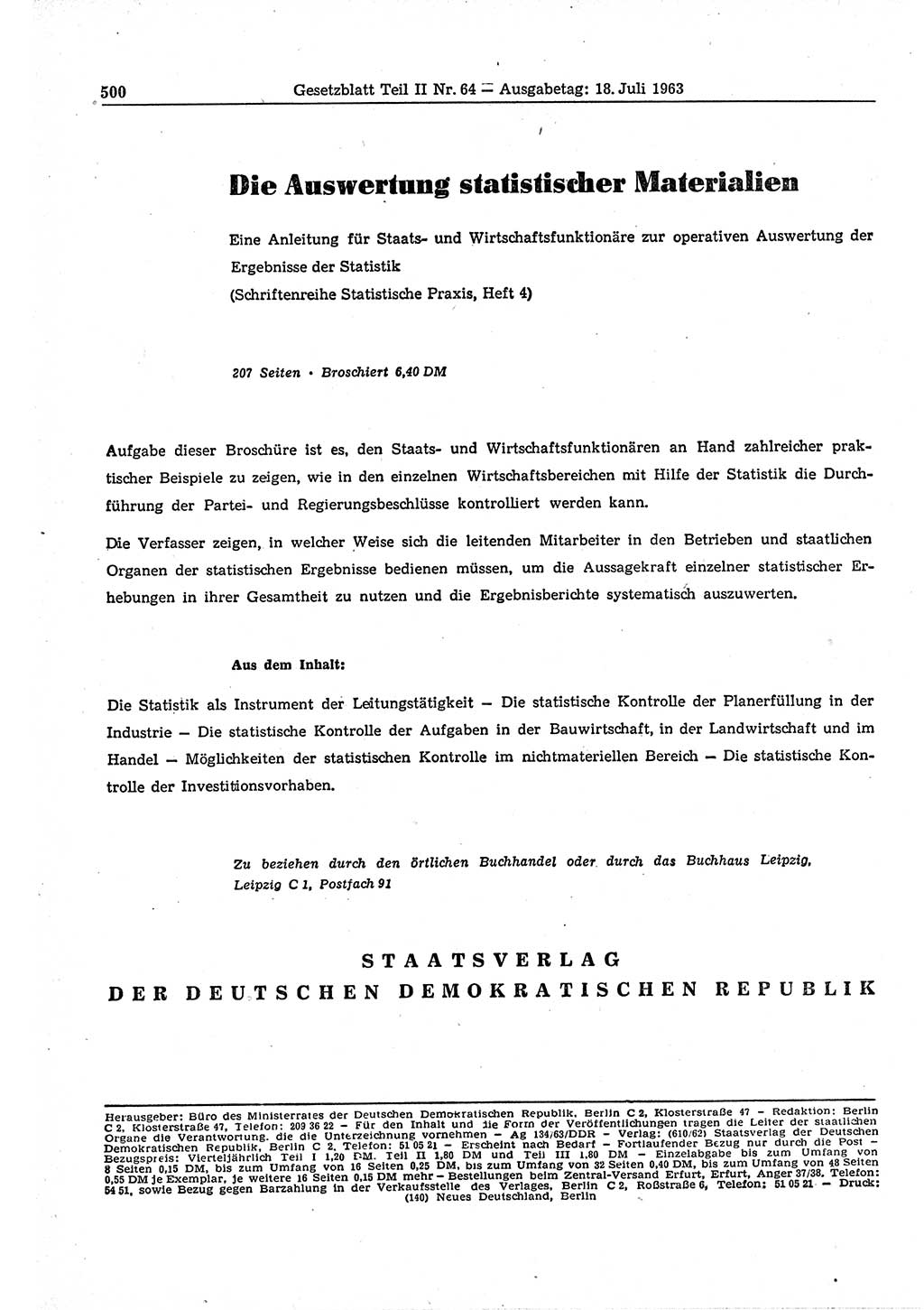 Gesetzblatt (GBl.) der Deutschen Demokratischen Republik (DDR) Teil ⅠⅠ 1963, Seite 500 (GBl. DDR ⅠⅠ 1963, S. 500)