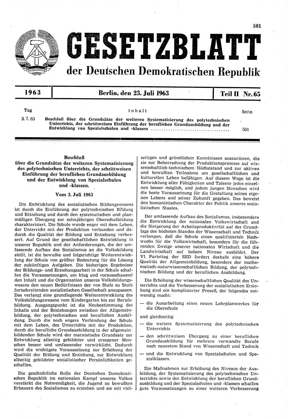 Gesetzblatt (GBl.) der Deutschen Demokratischen Republik (DDR) Teil ⅠⅠ 1963, Seite 501 (GBl. DDR ⅠⅠ 1963, S. 501)