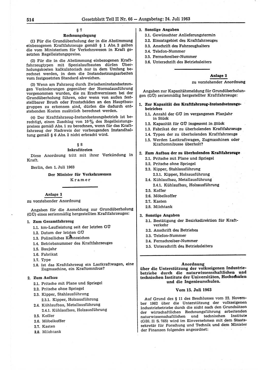 Gesetzblatt (GBl.) der Deutschen Demokratischen Republik (DDR) Teil ⅠⅠ 1963, Seite 514 (GBl. DDR ⅠⅠ 1963, S. 514)