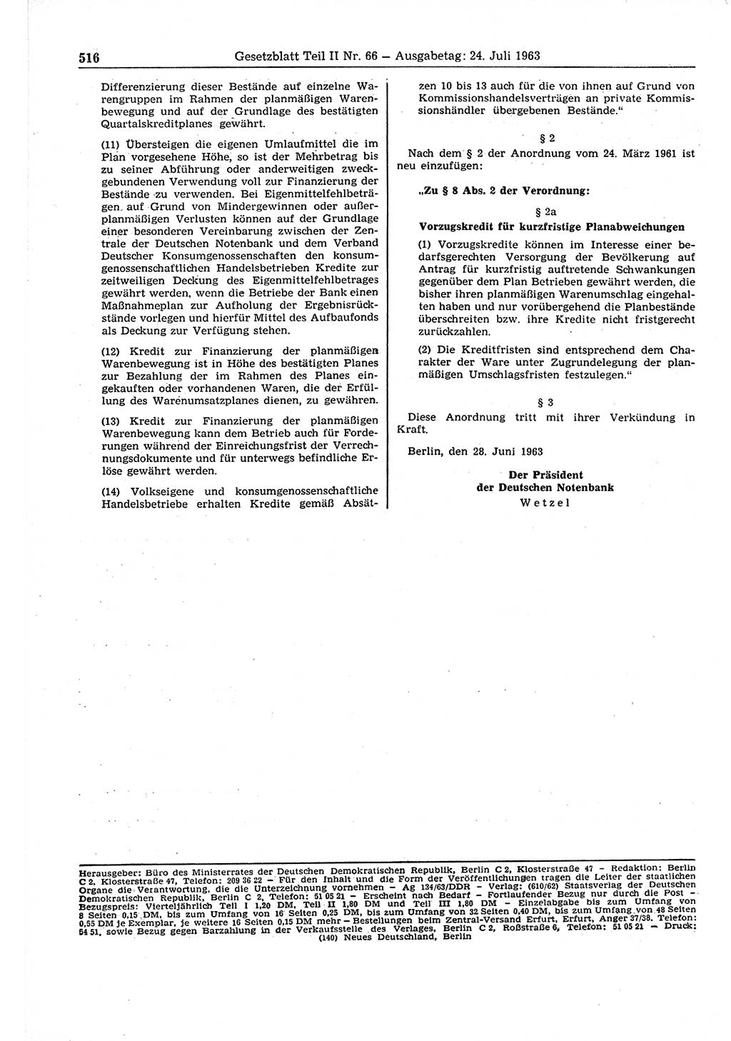 Gesetzblatt (GBl.) der Deutschen Demokratischen Republik (DDR) Teil ⅠⅠ 1963, Seite 516 (GBl. DDR ⅠⅠ 1963, S. 516)